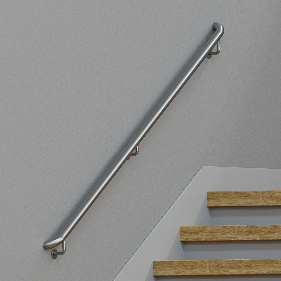 Wall Mounted Stainless Steel handrail ADA Compliant in stainless steel mounted above stairs.