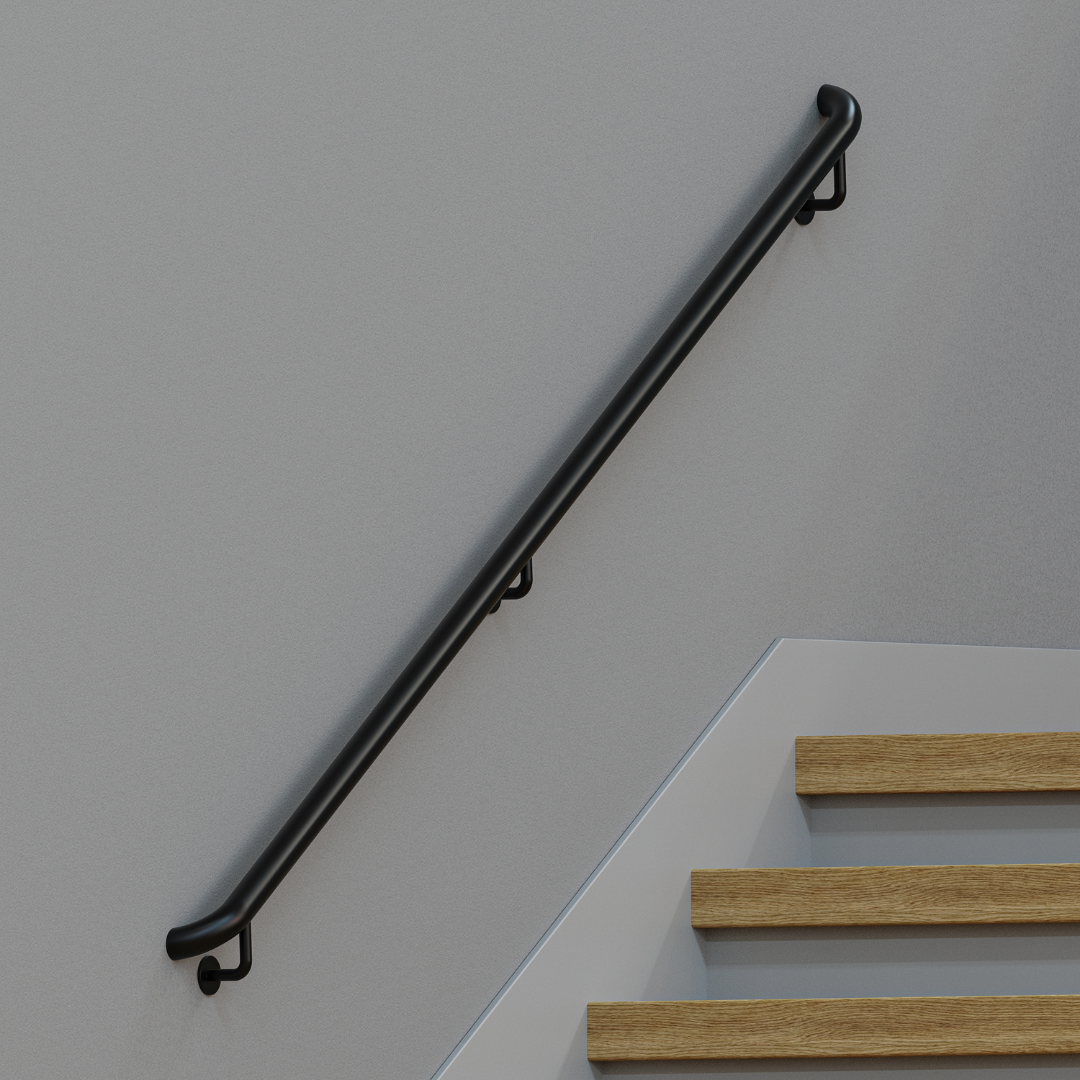 Wall Mounted Stainless Steel handrail ADA Compliant in color black mounted above stairs.