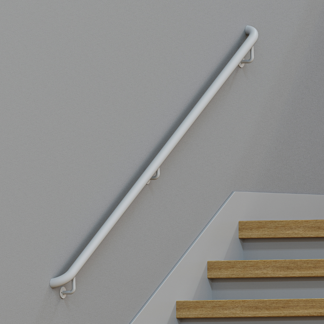 Wall Mounted Stainless Steel handrail ADA Compliant in white powder coat color mounted above stairs.