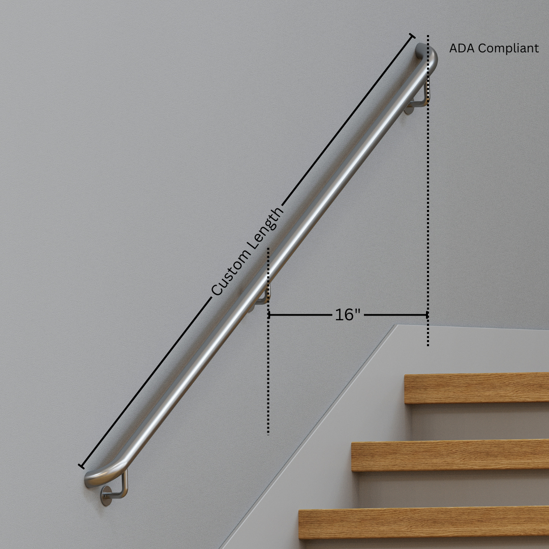 Wall Mounted Stainless Steel handrail ADA Compliant in white powder coat color mounted above stairs with measurement guides.